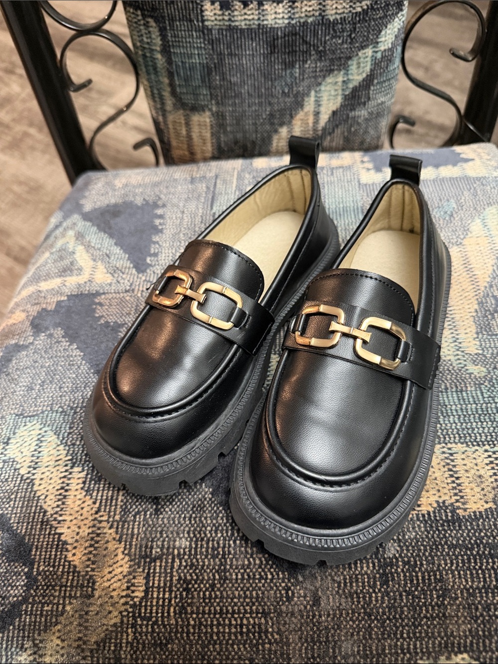 Monet Black Loafers with Gold Buckle Accent